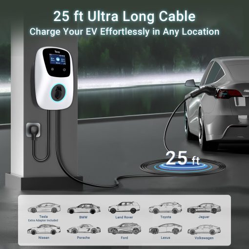 Cargador de Vehiculo Electrico Tera para Tesla: J1772 Nivel 2 EVs ETL Certificado 48 40 Amperios 240 Voltios Estacion de Carga Domestica con Ajuste Manual de Amperios Programacion en la Unidad NEMA 14-50 Cable de 25 FT Blanco W01 - Imagen 5