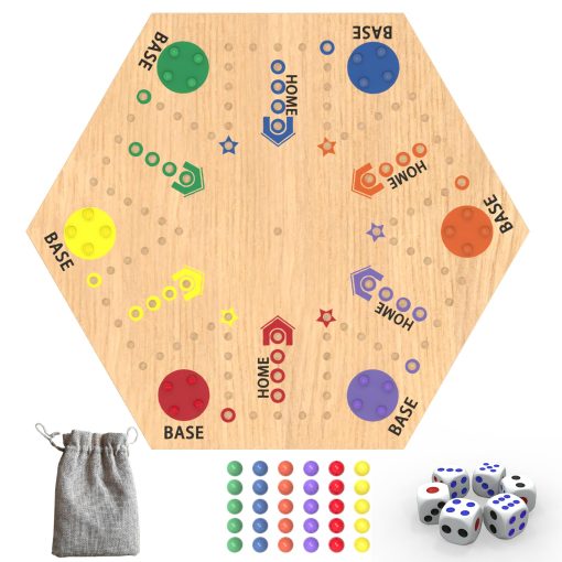 Juego de Mesa Aggravation, Juego de Mesa Wahoo, 20" Tablero de Madera Original de Canicas Pintado por Doble Cara, Juego de Tablero Fast Track para 6 y 4 Jugadores con 30 Canicas, Tablero de Juego de Canicas de Madera con Bolsa de Lona