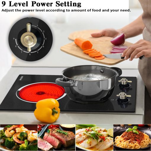 Jessier 12 Pulgadas Cocina Electrica - 2 Quemadores Incrustados Cocina Radiante Electrica con Control de Perilla, Estufa Electrica de Ceramica con 9 Niveles de Calentamiento, Indicacion de Calor Residual, 220-240V Cableado Duro (Sin Enchufe) - Imagen 4