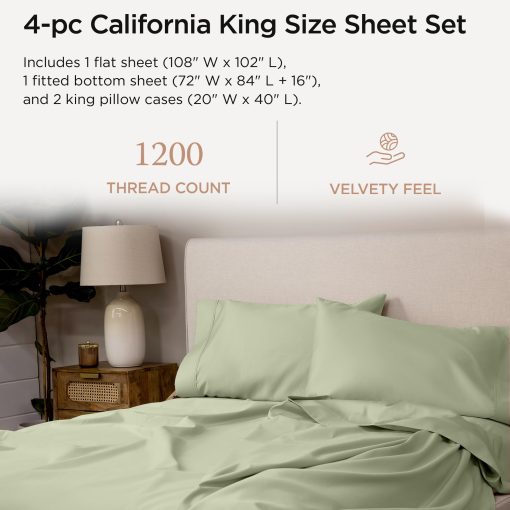 Juego de sabanas de algodon Supima de hilo Threadmill, 1200 hilos Suaves 100% algodon para cama tamano Cal King, Juego de sabanas de cama Sage Green Cal King de 4 piezas, Calidad de hotel de 5 estrellas con bolsillo profundo elastico para sabanas King - Imagen 2