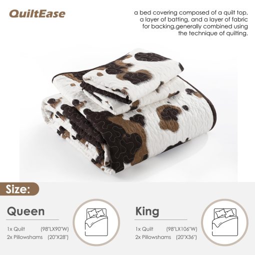 Juego de Edredon de Vaca Queen Size QuiltEase - Edredon de Algodon Queen de Estampado de Vaca - Juego de Ropa de Cama de Patron de Piel de Vaca Occidental - Set de Edredon de Estilo Rustico Ligero - Cafe/Marron Oscuro - 3 Piezas - Imagen 5