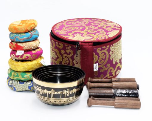 Set de 7 Cuencos Tibetanos SANSKAR NEPAL Om Mane Padme Hum de Lado Alto con Estuche | Cuencos para Meditacion y Yoga | Instrumentos de Terapia del Sonido para Relajacion - Imagen 2