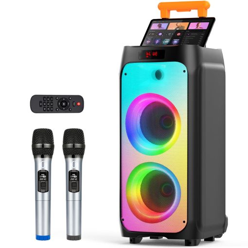 Maquina de Karaoke HWWR con 2 Microfonos Inalambricos, Altavoz Karaoke Bluetooth Portatil para Exteriores, Sistema de PA de Fiesta Grande con Luces de Discoteca para Reuniones, Los Mejores Regalos para la Familia