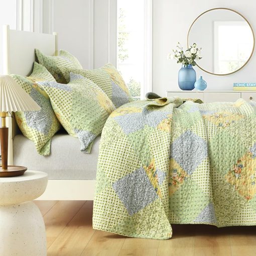 Colcha Verde Floral Queen Size 100% Algodon - Juego de Colcha de Granja Queen Size Reversible y Ligero Juego de Cama Queen Suave para Todas las Estaciones de 3 Piezas - Imagen 2