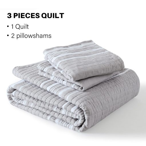 Quilta Juego de Edredon 100% Algodon Tamano Queen - Colcha Ligera Acolchada, Juego de Ropa de Cama a Rayas Gris 3 Piezas, Suave y Ligero Decoracion del Hogar para Todas las Estaciones, Gris/Blanco - Imagen 5