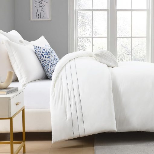 Juego de Edredones de Algodon de Fibra Larga SahSahCasa para Cama Queen, Edredon Esponjoso, Juego de Ropa de Cama de Algodon 100% para Cama Queen, Edredon Acolchado Ligero con Bordado a Rayas, 90" x 90", 3 piezas, Blanco - Imagen 3