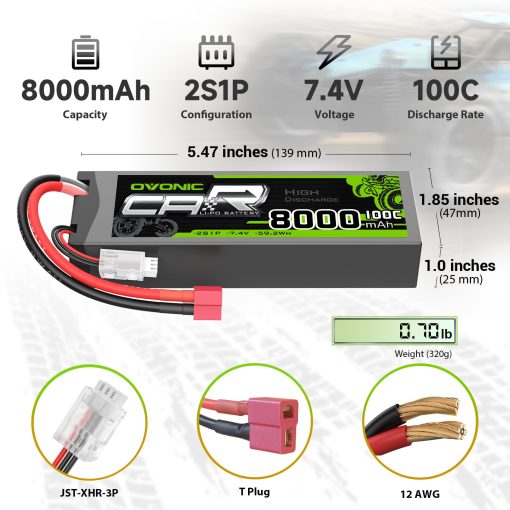 OVONIC Bateria Lipo 8000mAh 100C 7.4V 2S con Conector T para Avion RC, Quadcopter DJI, Helicoptero RC, Coche RC, Camion y Barco 2 unidades - Imagen 2