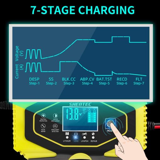 Cargador de bateria y mantenedor de carros Shentec 12V 6A / 24V 3A, Inteligente Display LCD de 7 etapas para Automoviles, Motocicletas, Baterias de Plomo-acido - Imagen 5