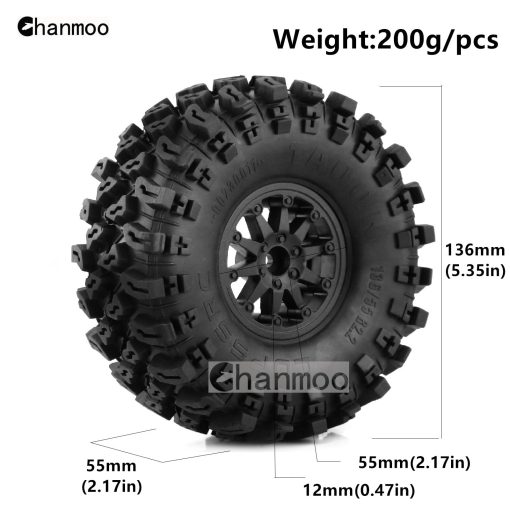 Neumaticos y Rines de 2.2 RC Crawler Chanmoo con Llantas de Bloqueo 1/10 de Goma para Coche Rock Crawler 1:10 Axial SCX10 90047 D90 TF2 Tamiya CC01 Traxxas TRX4 RGT 4PCS (Negro) - Imagen 2