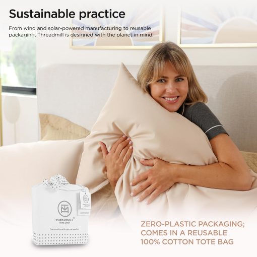 Juego de sabanas de lujo Threadmill de algodon Supima, sabanas de 1200 hilos de algodon 100% suaves para cama King, juego de sabanas King beige de 4 piezas, calidad de hotel de 5 estrellas con sabanas King de bolsillo profundo elasticizado - Imagen 7