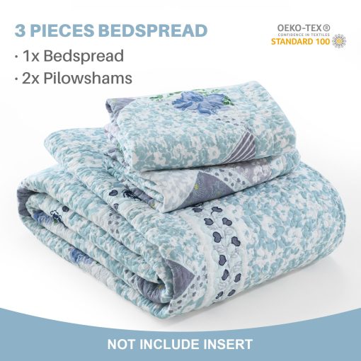 Colcha Extra Grande de Algodon al 100% de Finos Bordados 120"x102", Colchas de Cama Queen Livianas, Colcha Floral Extra Grande, Cubrecamas Reversible Acolchados, 3 Piezas, Azul - Imagen 5