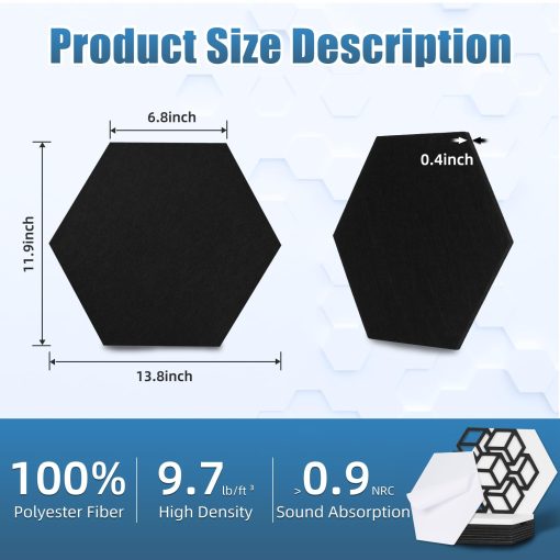 12 Pack Paneles Acusticos Autoadhesivos, Paneles de Sonido en Forma de Hexagono de 14 X 12 X 0.4 Pulgadas, Paneles Decorativos Absorbentes de Sonido, Paneles de Alta Densidad Ignifugos para Estudio Oficina,Hogar - Imagen 6