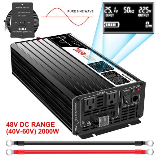 Inversor de Onda Sinusoidal Pura Xijia 2000W 48 Voltios DC a 120 Voltios AC (Potencia Pico 4000W) Convertidor de rv 60HZ con Arranque Suave para Coche y Camping (DC48V (Rango 40V-60V) 2000W) - Imagen 2