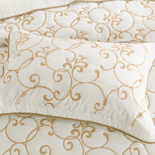 Quilta Colcha de algodon 100% tamano Queen extragrande - 102"x120" Beige Patron de bordado floral Juego de edredon, Colcha elegante y texturizada, Juego de ropa de cama suave y ligero de 3 piezas, Beige/Tan - Imagen 7