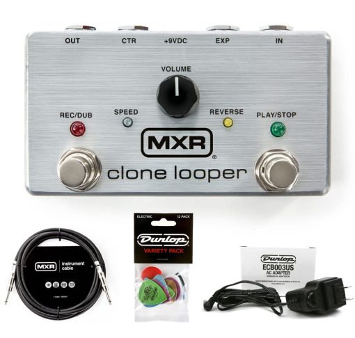 MXR Clone Looper Pedal Bundle con Dunlop ECB003 Adaptador de Corriente, Paquete de Puas Variadas Dunlop y Cable de Instrumento MXR de 10 pies (M303Bundle)
