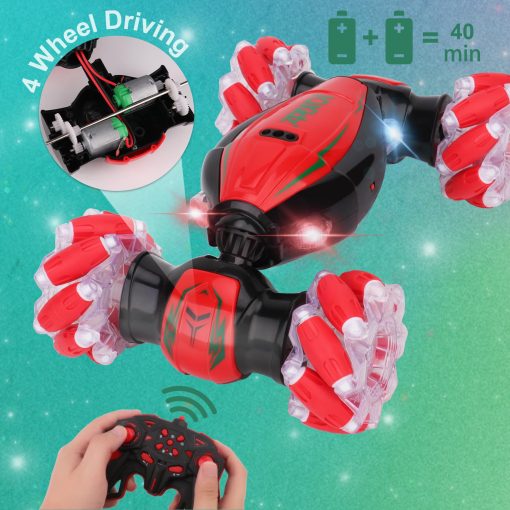 Coche de acrobacias RC con deteccion de gestos IQKidz - Rojo Navideno, Mejores Regalos de Cumpleanos para Ninos de 6-12, Juguetes de Coches de Doble Lado de Control Remoto Manual con Luz y Musica, 4x4 de Deriva Todoterreno para Rotacion - Imagen 5