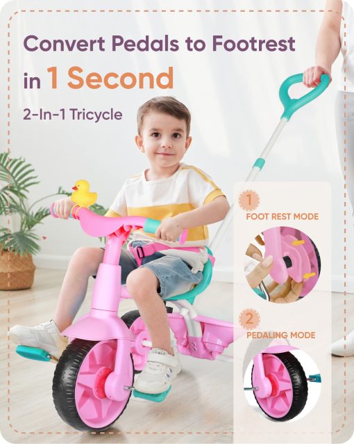 Triciclo 2 en 1 para Ninos KRIDDO de 18 Meses a 3 Anos, Ruedas de EVA Mejoradas, Regalo, Triciclos para Ninos de 2 a 3 Anos con Manillar de Empuje y Campana de Pato, Rosa - Imagen 2