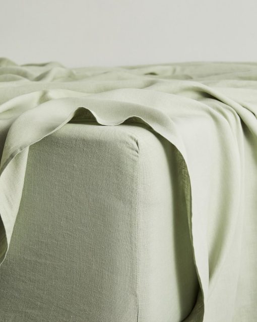 Sabana Ajustable de Lino Bed Threads - 100% Lino Frances - 170 GSM - Lujo y Respetuoso del Medio Ambiente - Transpirable, Duradero y Suave - Sabana Ajustable Individual - Lavable en Lavadora - Cali King - Salvia