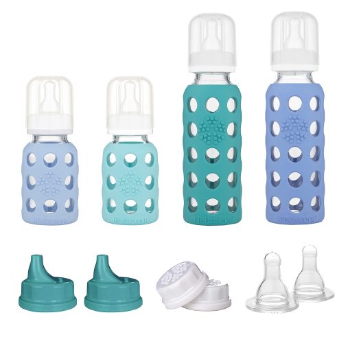 Set de 4 biberones para bebe Lifefactory en Mint/Blanket y en Kale/Blueberry con tapas planas y de sippy 10 unidades