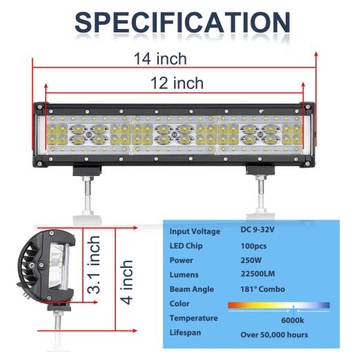 Barra de luz LED Side Shooter, Auto Power Plus 15'' 250W Quad Row Off Road Led Bar Luces de Conduccion Spot Flood Combo Luces de Niebla Led Impermeables para Camiones ATV Motocicletas Barco - Imagen 2