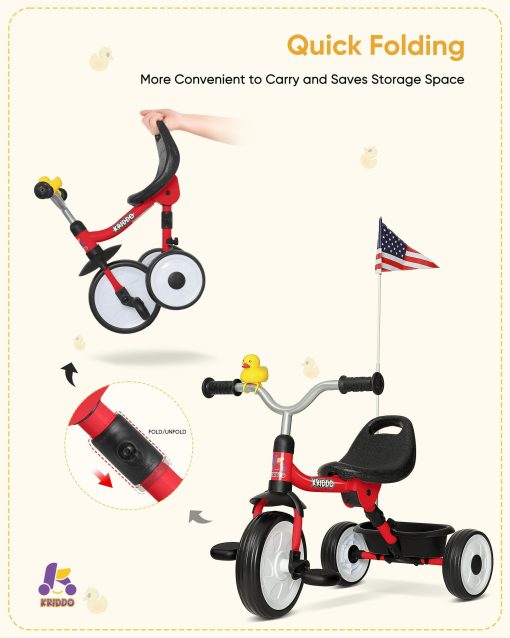 Triciclo para Ninos KRIDDO para 18 Meses a 3 Anos, Triciclo Plegable para Ninos con Canasta de Almacenamiento, Triciclo para Ninos de 2 Anos, Asiento Ergonomico Ajustable Facil de Transportar, Estructura Estable para Paseos Suaves, Rojo - Imagen 3