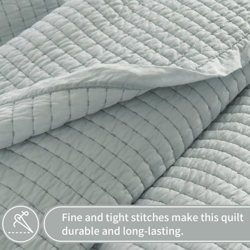 Colchas de algodon KALOOLA Queen Size, Colcha de cama acolchada ultraligera 100% algodon, Juego de 3 piezas de colcha acolchada solida gris-azul Pick Stitch estilo chic moderno, para todas las estaciones - Imagen 4