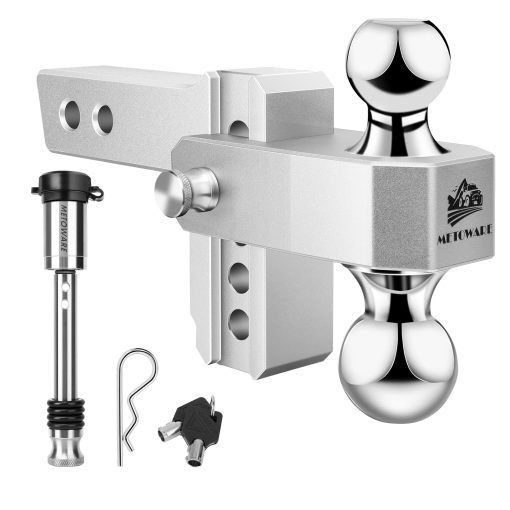 Enganche de remolque ajustable METOWARE - Enganche de remolque de aluminio que se ajusta a un receptor de 2 pulgadas - Enganche resistente con 4 pulgadas de caida/alzada para camioneta (12,500 libras de capacidad de remolque), Doble cierre de pasadores de acero inoxidable antirrobo