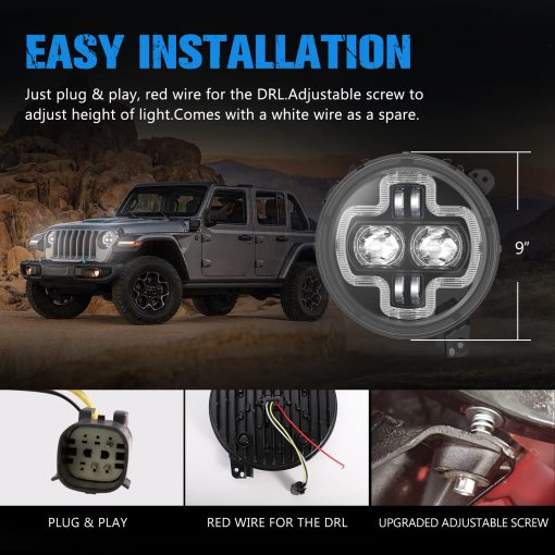 Faros LED de 9 pulgadas BUNKER INDUST con aro DRL, Par de faros redondos con luces diurnas para Jeep Wrangler JL 2018 2019 2020 2021 2022 Jeep Gladiator JT Accesorios - Imagen 6