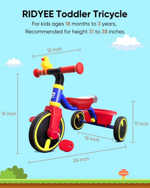 Triciclo RIDYEE para ninos de 1 a 3 anos, triciclo para ninos de 1 a 3 anos con llantas de goma, conduccion estable en cualquier superficie, triciclo para ninos con asiento ajustable, diseno de bordes no afilados, gran cesta, azul - Imagen 6