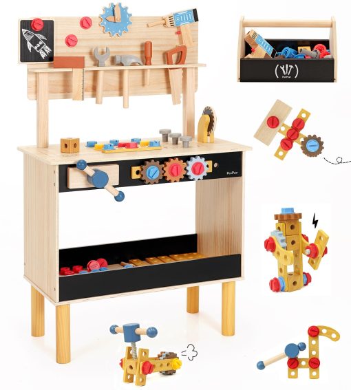 Banco de trabajo de madera para ninos PairPear, Banco de herramientas para ninos pequenos, Banco de trabajo de juguete de madera con caja de herramientas, taladros de juguete y martillo para jugar a la construccion, Regalo para ninos y ninas de 3 anos en adelante