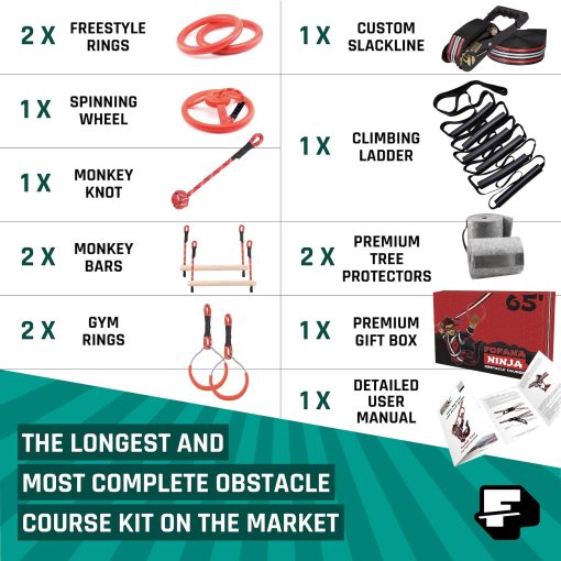 Fofana Ninja Warrior Obstacle Course for Kids - Set de 32 Piezas para Jugar en el Patio, 9 Obstaculos Divertidos, Kit de Slackline de 65 pies con Accesorios - Juguetes para Ninos Ninja, Equipo de Juego Exterior - Imagen 2