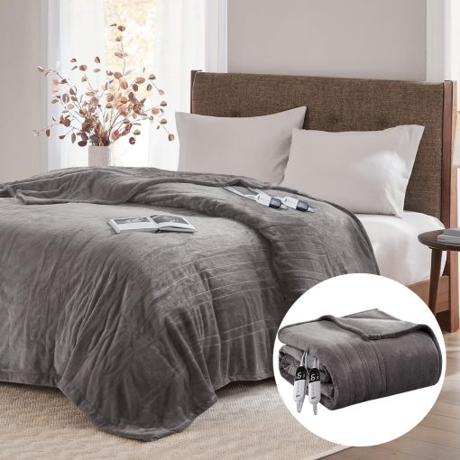 Manta electrica California King Degrees of Comfort con controles duales, manta electrica de gran tamano de franela para cama, apagado automatico, lavable a maquina - Gris, 100Wx90L