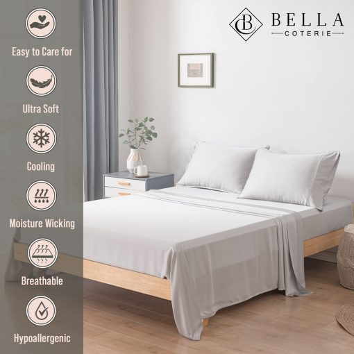 Juego de sabanas divididas de bambu Bella Coterie Luxury Split King | Cultivado organicamente | Ultra suave | Refrigerante para personas que sufren de calor | Bolsillo profundo de 18" | Viscosa de bambu [Gris Neblina] - Imagen 3
