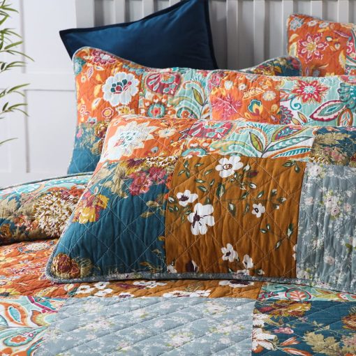 Juego de Colchas de Algodon Camandy 3 Piezas Reversible de Lujo con Estampado Paisley Floral Marron, Tamaño King - Imagen 7