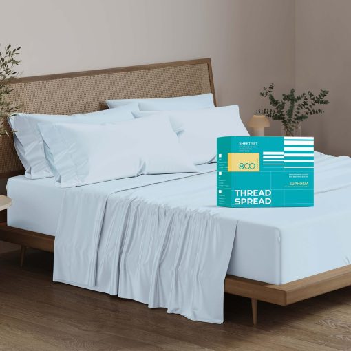 Juego de sabanas 100% algodon egipcio tamaño Queen - Sabanas de 800 hilos tamaño Queen, 6 piezas, juego de sabanas de lujo para cama tamaño Queen, ajuste profundo de 16", juego de ropa de cama refrescante suave de saten - Azul Claro