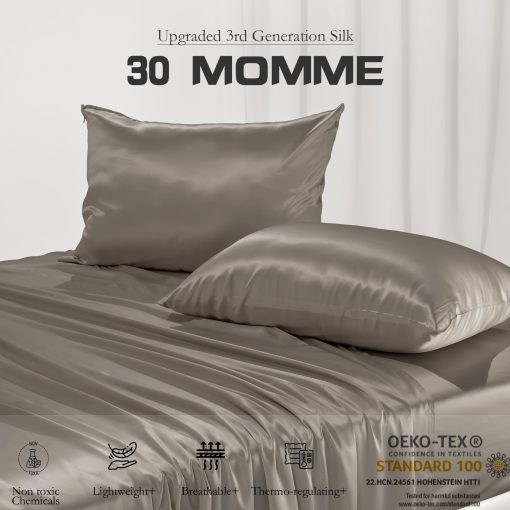 Juego de sabanas de seda de morera de lujo Promeed de 30 Momme, tamano Queen, Set de sabanas de seda real Grado 6A+ 100% con sabana plana, sabana ajustable y fundas de almohada (Gris, Queen) - Imagen 2
