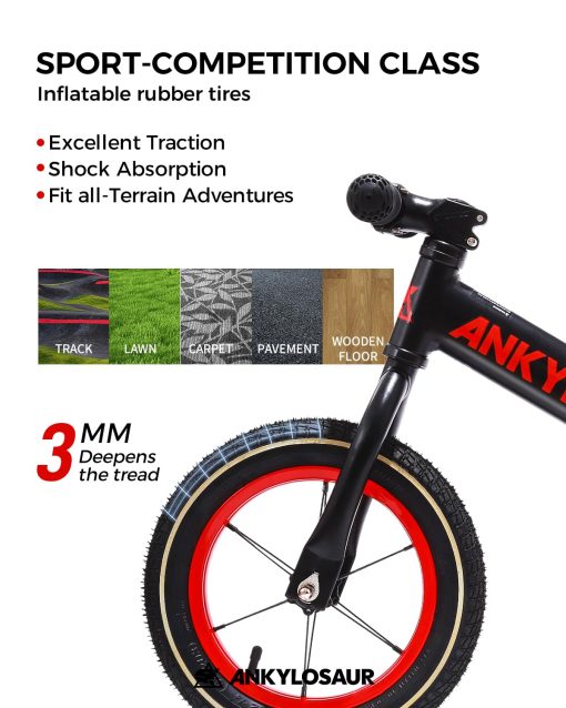 Bicicleta de Equilibrio ANKYLOSAUR 12" para Ninos de 2.5 a 5 Anos, Elegante Negro, Cuadro de Aluminio Ultraligero de 7.2lb, Neumaticos Inflables Antideslizantes y Absorbentes de Impacto, Asiento Ajustable - Perfecto para Ninos Aventureros - Imagen 4