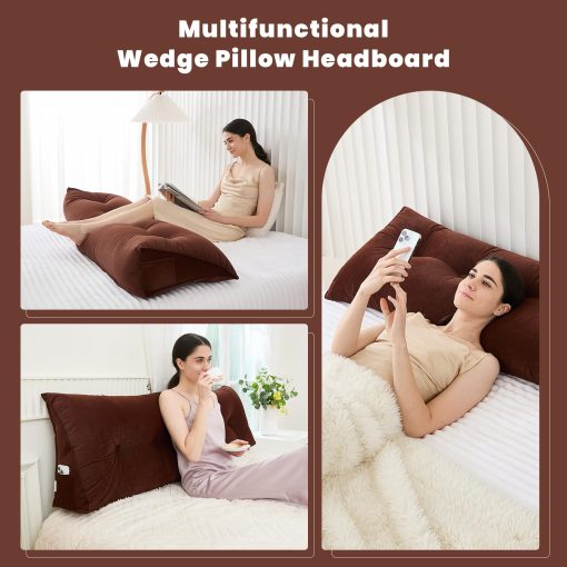 Almohada para cabecera Zelladorra para cama, almohada triangular de cuna para cabecera, soporte suave al leer y descansar, cojin para cabecera de cama con funda removible, cafe marron, tamano Queen (59"x8"x20") - Imagen 7
