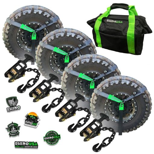 Correas de Amarrar para Automovil Rhino USA Ratchet (4PK) - Resistencia Minima de Rotura de 10,000 lb, incluye (4) Correas de Lazo Reforzadas de 2 pulgadas x 96 pulgadas - Correas de Amarrar Resistentes para Camiones, Automoviles, Remolques y Mas!
