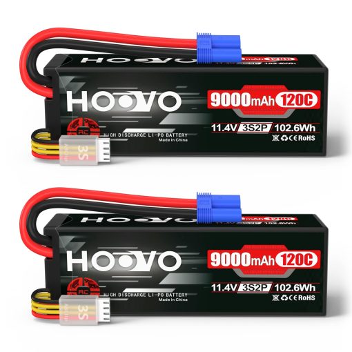 Bateria Lipo HOOVO 3S 11.4V 9000mAh 120C Bateria de Alto Voltaje Estuche Rigido Conector EC5 Compatible con Coches RC Barcos Camiones Buggies Drones Vehiculos RC Pack de 2