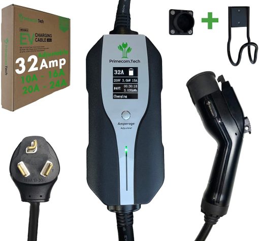 Cargador de Vehiculo Electrico (EV) Nivel 2 Primecomtech Amperaje Ajustable (10Amp - 16Amp - 20Amp - 24Amp - 32Amp) Cable de 30 pies EVSE Hibrido Enchufable (50 FT, 10-30P)