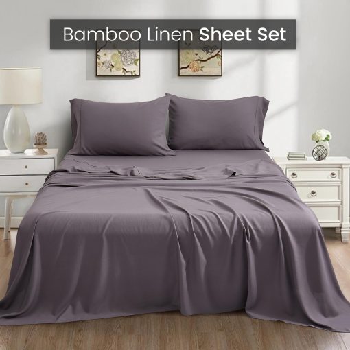 Juego de Sabanas de Bambu y Lino Nueva Temporada Tamano Queen 80% Bambu 20% Lino - 4 Piezas - Sabana Ajustable de Bolsillo Profundo de 15" Sabana Plana 2 Fundas de Almohada (Queen, Gris Ceniza) - Imagen 2