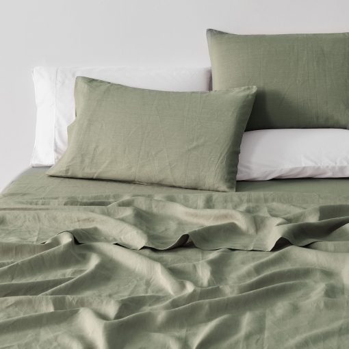 Juego de sabanas de lino europeo 100% puro - Juego de sabanas de cama Queen Size de 4 piezas - Transpirable para personas que duermen calientes y juego de ropa de cama duradero - 1 sabana encimera, 1 sabana ajustable, 2 fundas de almohada (Queen, Musgo) - Imagen 4