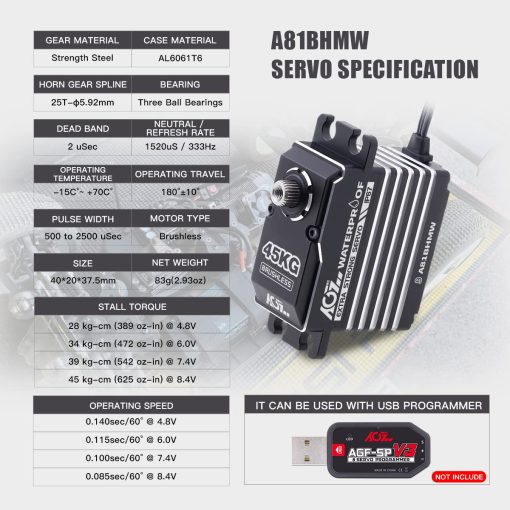 AGFRC 45KG Waterproof RC-Steering-Servo-Motor High-Torque - Full Metal Gear Digital Brushless Servo for 1/8 1/10 RC Car Boat Crawler, Control Angle 180° (A81BHMW) - Imagen 2