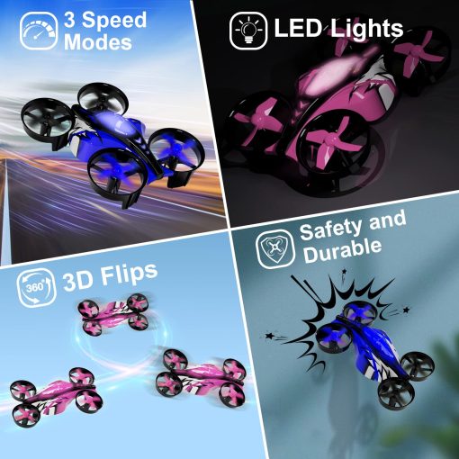 UNTEI 2 En 1 Mini Drones para Ninos Drone Control Remoto con Modo Terrestre o Modo Vuelo, Luces LED, Hovering Automatico, Flip 3D, Modo sin Cabeza y 4 Baterias, Juguetes Regalos para Ninos Ninas (Azul y Rosa Puerto 2 Paquetes) - Imagen 5