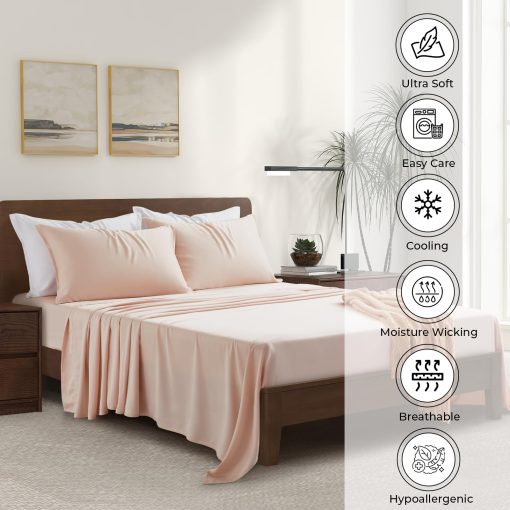 Juego de sabanas de lujo de bambu | Tamano Queen | 100% Viscosa de Bambu | Cultivado de forma organica | Ultra Suave | Sabanas Refrigerantes para los que duermen en calor | Bolsillo profundo de 17" [Vintage Pink (Blush)] - Imagen 2