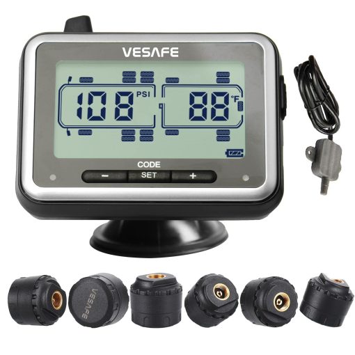 VESAFE TPMS, Sistema de Monitoreo de Presion de Neumaticos Inalambrico para RV, Remolque, Autobus, Casa Rodante, Quinta Rueda, Incluye un Amplificador de Senal y 6 Sensores Antirrobo.