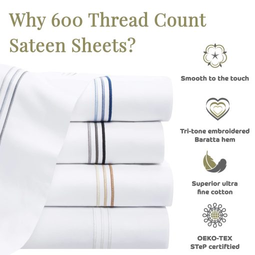 Juego de sabanas de saten Aston & Arden - 100% algodon 600 hilos de cuenta lujosas sabanas de hotel sedosas, blanco pristino con fino dobladillo bordado de 3 rayas, resistente a las arrugas, tamano individual, Negro onix - Imagen 4