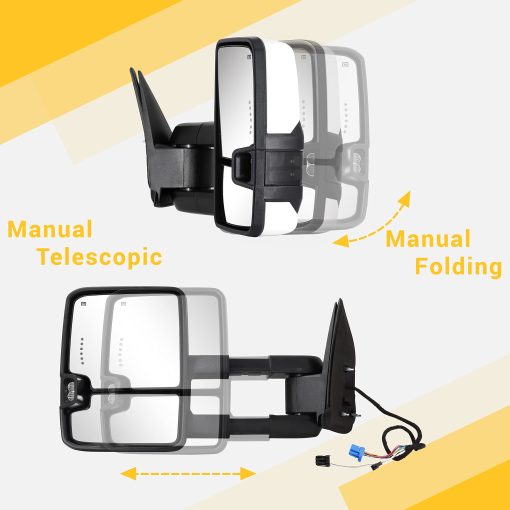 Espejos de remolque Sanooer para 2003-2007 Chevy Silverado Suburban Avalanche Tahoe GMC Sierra Yukon con cristal electrico, luz de senal de giro de flecha, lampara de respaldo, calefaccion extensible, juego de pares (Pintado de blanco 8624) - Imagen 4