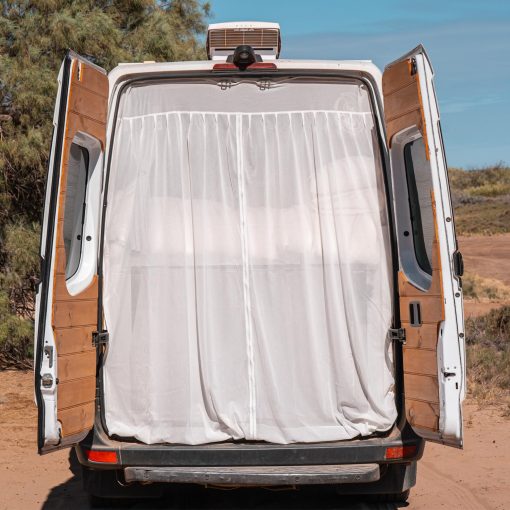 Cortinas y Mosquitero Boho-Chic Blanco para Mercedes-Benz Sprinter Altura Media/Alta, Ford Transit y Otros Campervans, Mosquitera para Puerta Trasera con Cierre de Cremallera Central